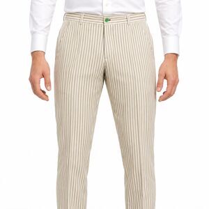 Mens 36 Cream Beige Stripe Cotton Slim Fit Dress Pants Handmade Trousers NWT